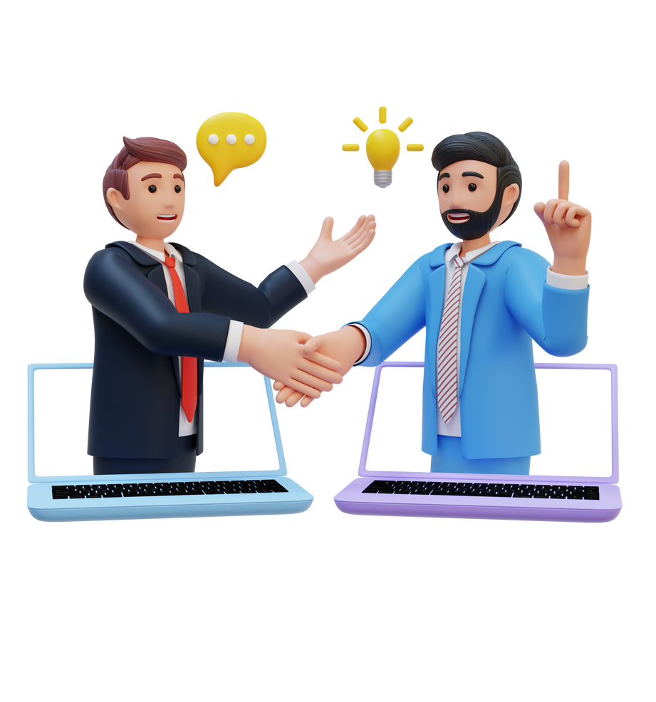 business people having online conversation via laptop 3d character illustration